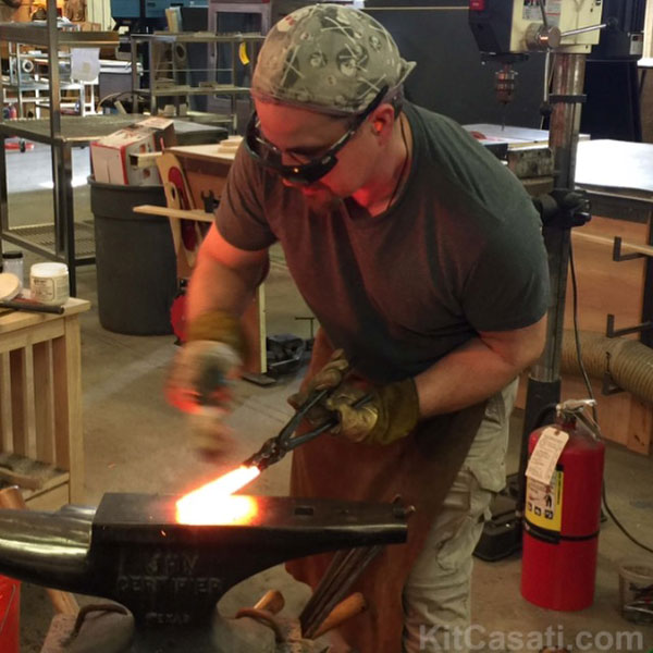 Kit Casati forge welding meteorite. Kit Casati forge welding a billet into 14 layers to make meteorite Damascus for rings and blades.